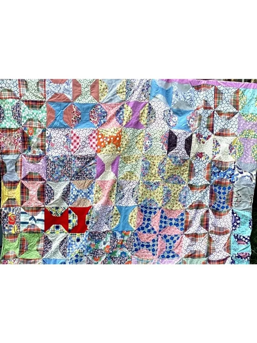 Vintage Handmade Bow Tie Pattern Quilt Top 96x71 Machine Sewn Some Feed Sack